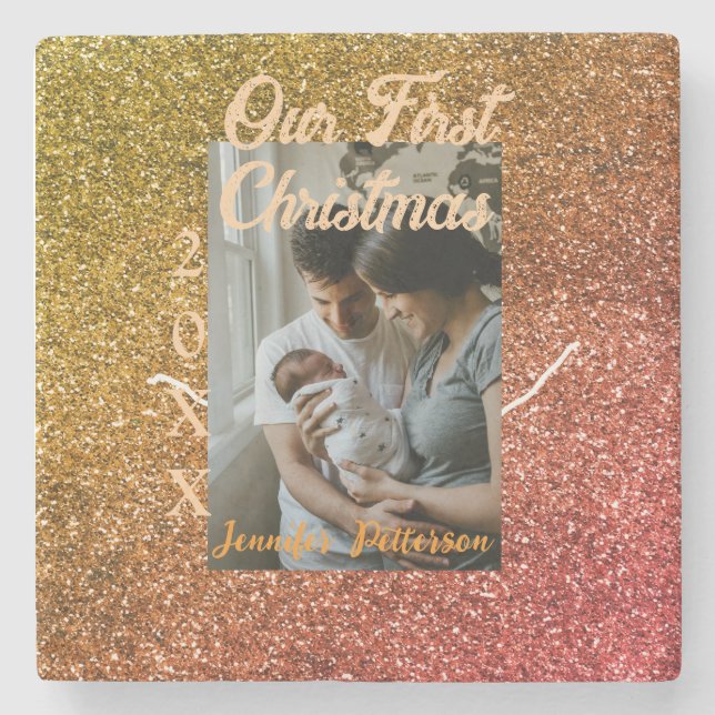 Porta-copo De Pedra Our first Christmas orange red glitter photo year (Frente)