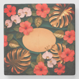 Porta-copo De Pedra Ouro Botânico Monstera Hibisco Luxo Elegante 