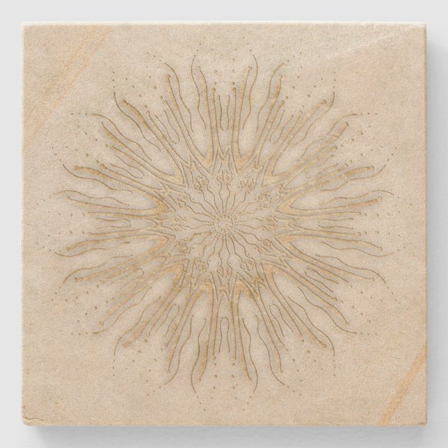Porta-copo De Pedra Ouro branco de sunburst mandala estilo orgânico (Frente)