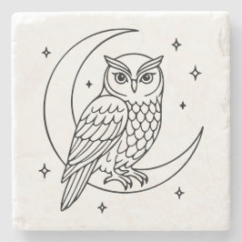 Porta-copo De Pedra Owl on Crescent Moon with Stars Line Art