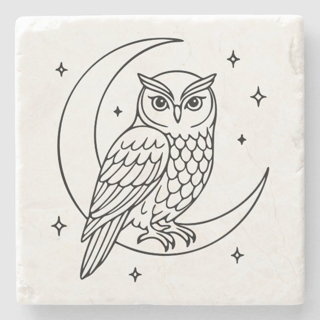 Porta-copo De Pedra  Owl on Crescent Moon with Stars Line Art (Frente)