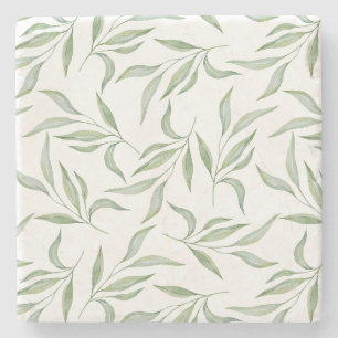 Porta-copo De Pedra Padrão Botânico de Folhas de Aquarela Verde Elegan