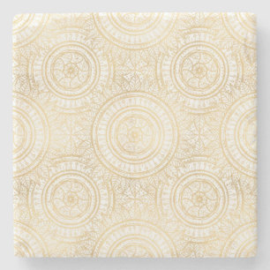 Porta-copo De Pedra Padrão Branco Elegante Dourado de Mandala Girasso