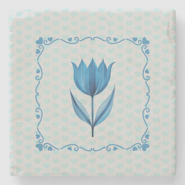Porta-copo De Pedra Padrão com um Tulipa Azul  (Frente)