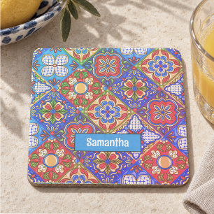 Porta-copo De Pedra Padrão de Azulejo Talavera Mexicano Azul Vermelho 