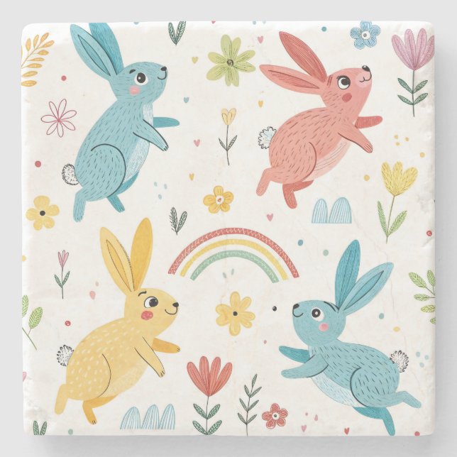 Porta-copo De Pedra Padrão de coelho bonito (Frente)