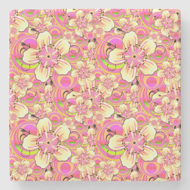 Porta-copo De Pedra padrão de flor rosa groovy (Frente)