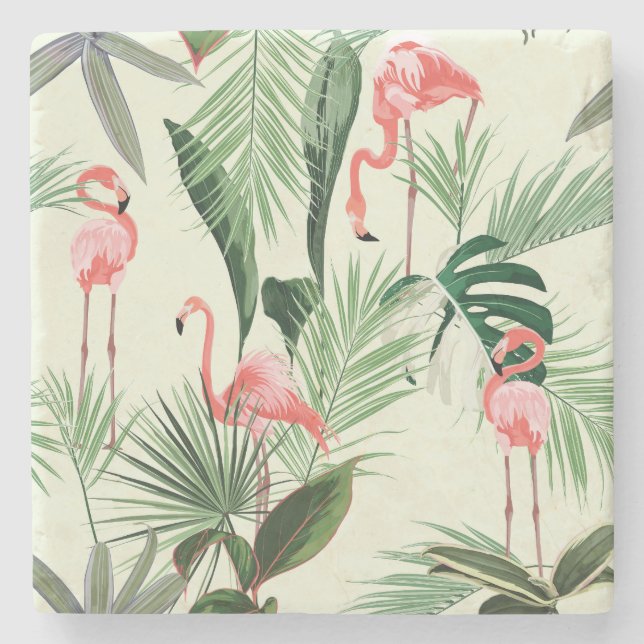 Porta-copo De Pedra Padrão de Flores Exóticas Flamingo Rosa (Frente)
