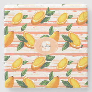 Porta-copo De Pedra Padrão de Fruta de Mango com Folhas Verdes