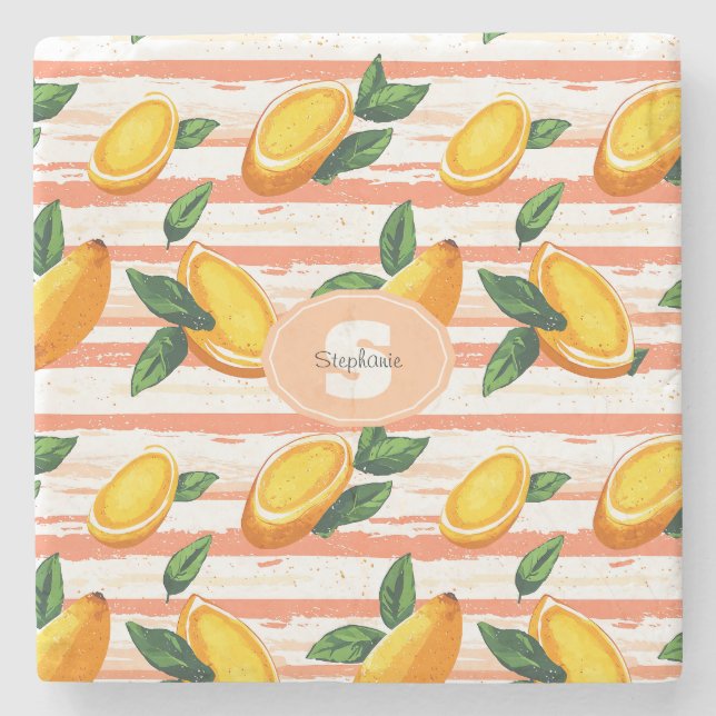 Porta-copo De Pedra Padrão de Fruta de Mango com Folhas Verdes (Frente)