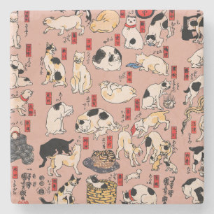 Porta-copo De Pedra Padrão de Gato Ukiyo-e Japonês Vintage: Kuniyoshi