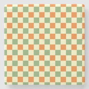 Porta-copo De Pedra Padrão de Gingham - Laranja Verde Marrom
