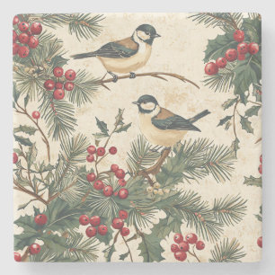 Porta-copo De Pedra Padrão de Natal Rustic Bird and Poinsettia (8)