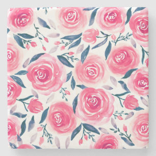 Porta-copo De Pedra Padrão de Rosas de Aquarela Floral Rosa