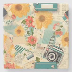 Porta-copo De Pedra Padrão de Vintage Floral & Camera (8)