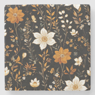 Porta-copo De Pedra Padrão Dourado Floral  do Boho de outono Preto