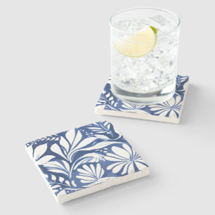 Porta-copo De Pedra Padrão Floral Botânico em Aquarela Azul Branco