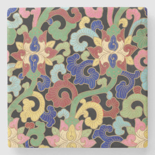 Porta-copo De Pedra Padrão Floral Colorido de Chinoiserie em Preto