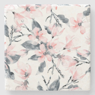 Porta-copo De Pedra Padrão Floral de Aquarela Rosa e Cinza