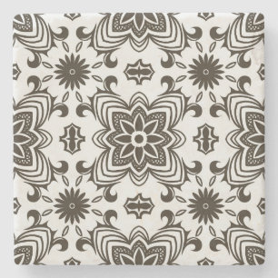 Porta-copo De Pedra Padrão Floral Geométrico Preto e Branco