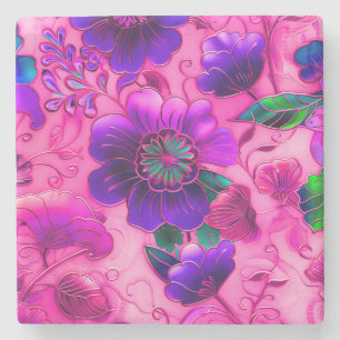 Porta-copo De Pedra Padrão floral roxo de clena cor-de-rosa