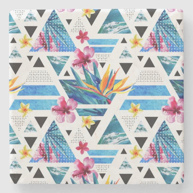 Porta-copo De Pedra Padrão Geométrico de Flores Tropicais (Frente)