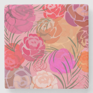 Porta-copo De Pedra Padrão rosa com flores e plantas