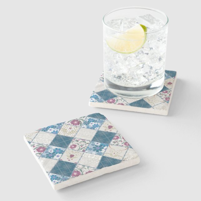 Porta-copo De Pedra Padrão rústico da moda azul de restos de tecido (Lateral)