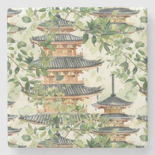 Porta-copo De Pedra Pagoda Asiática de Aquarela na Paisagem Verdante (