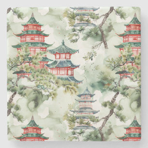 Porta-copo De Pedra Pagoda Asiática de Aquarela na Paisagem Verdante (