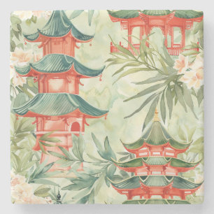 Porta-copo De Pedra Pagoda Asiática de Aquarela na Paisagem Verdante (