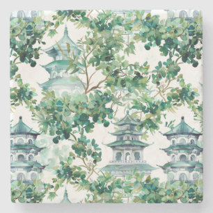 Porta-copo De Pedra Pagoda Asiática de Aquarela na Paisagem Verdante (