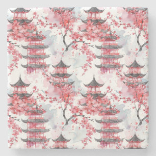 Porta-copo De Pedra Pagoda Chinesa Aquarela com Blossomas de Cereja (2
