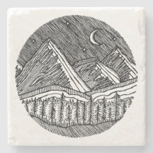 Paisagem Alpina Redonda Desenhada a Tinta Preta e