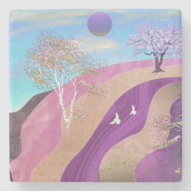 Porta-copo De Pedra Paisagem de Flores de Primavera (Frente)