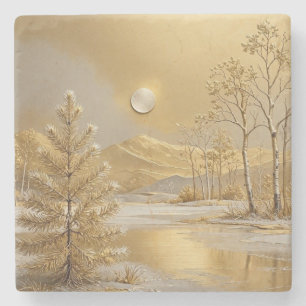 Porta-copo De Pedra Paisagem de Inverno Dourado Pinheiros Montanha Lua