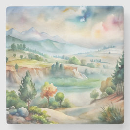 Porta-copo De Pedra Paisagem Montanhosa em Aquarela