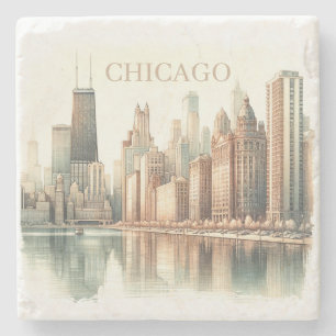 Porta-copo De Pedra Paisagem Urbana de Chicago em Aquarela Foto Person