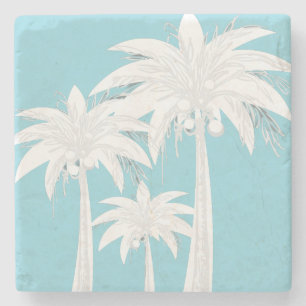 Porta-copo De Pedra Palm Tree Aqua Blue Cinza White Modern Tropical