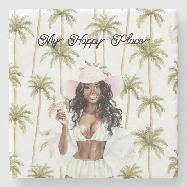 Porta-copo De Pedra Palm Trees Happy Place Black Lady Bathing Suit (Frente)