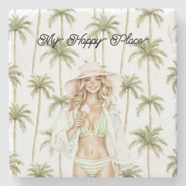 Porta-copo De Pedra Palm Trees Happy Place Blond Lady Bathing Suit (Frente)