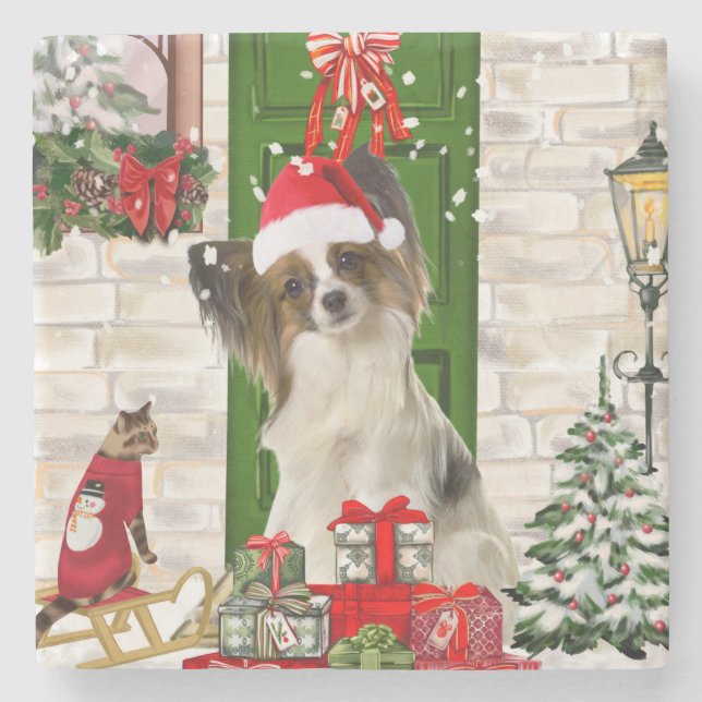 Porta-copo De Pedra Papillon Dog Christmas (Frente)