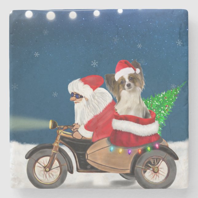 Porta-copo De Pedra Papillon Dog Natal Papai Noel (Frente)