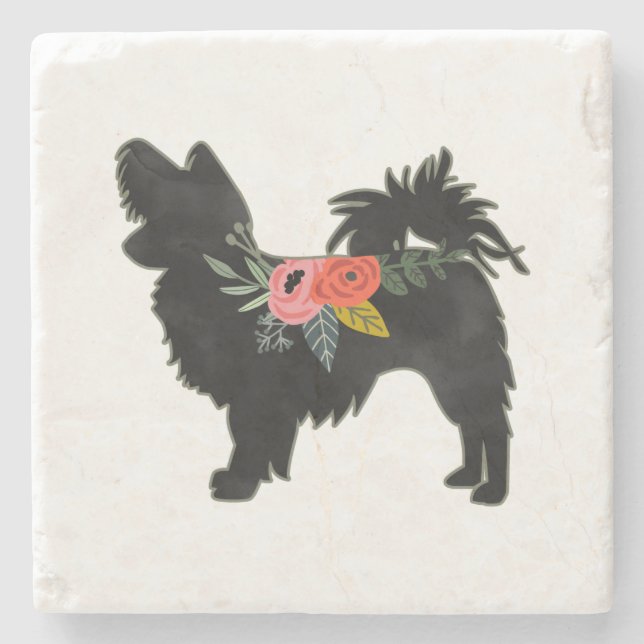 Porta-copo De Pedra Papillon Toy Dog Breed Boho Floral Silhouette (Frente)