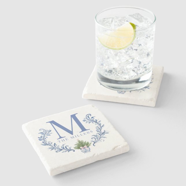 Porta-copo De Pedra Parada de Monograma Azul com Árvore de Natal (Lateral)