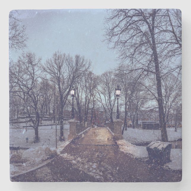 Porta-copo De Pedra Parque da cidade de neve de inverno à noite (Frente)