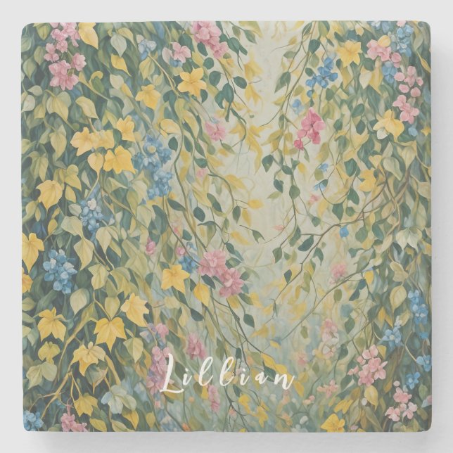 Porta-copo De Pedra Passagem Encantada: Jardim Secreto Pastel (Frente)