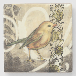 Porta-copo De Pedra Pássaro Amarelo e Verde no Fundo da Vintage