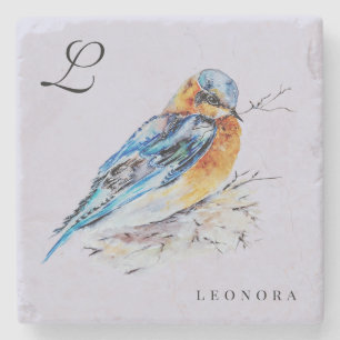 Porta-copo De Pedra Pássaro Azul Aquarela Elegante Personalizado