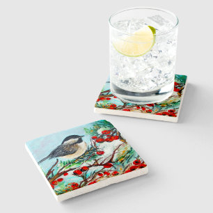 Porta-copo De Pedra Pássaro Chickadee-Doce De Inverno De Casca Preta